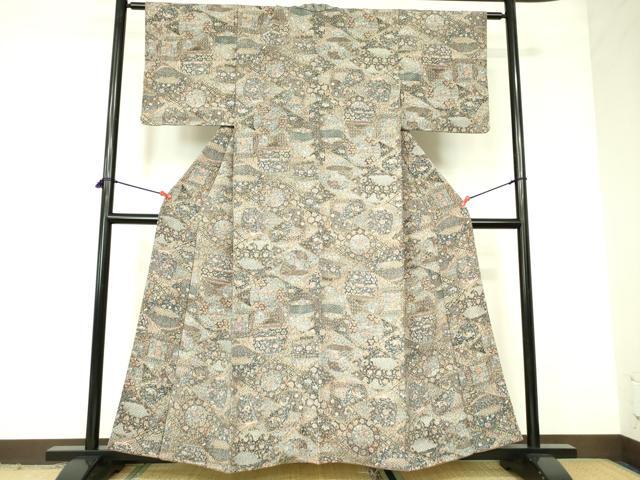 平和屋着物■上質な小紋 更紗花鳥文 鬼しぼ縮緬 正絹 逸品 DABD0075op
