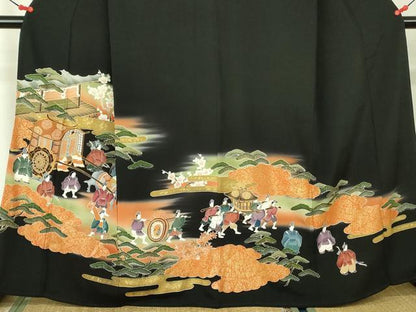 平和屋着物■豪華黒留袖　駒刺繍　御所車花松文　暈し染め　金彩　正絹　逸品　DABD0098op