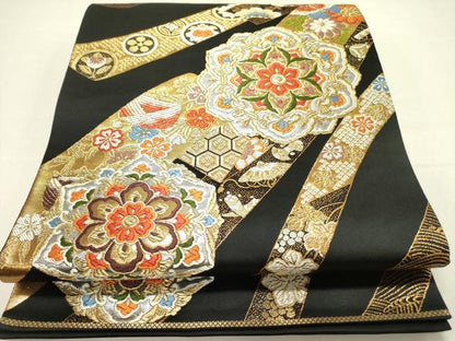 平和屋着物●六通柄袋帯　唐織　絖綵　正倉院花蝶文　黒地　金銀糸　正絹　逸品　DABD0118op