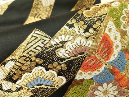 平和屋着物●六通柄袋帯　唐織　絖綵　正倉院花蝶文　黒地　金銀糸　正絹　逸品　DABD0118op