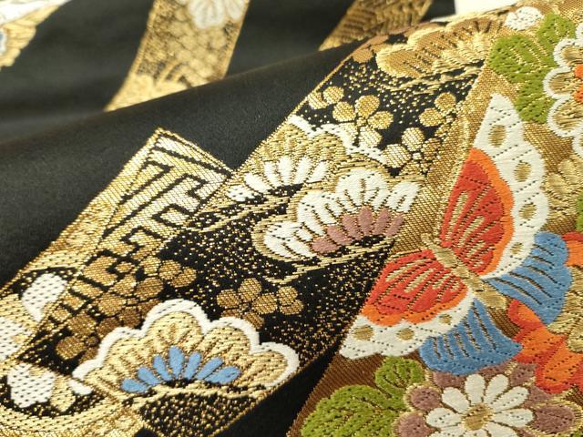 平和屋着物●六通柄袋帯　唐織　絖綵　正倉院花蝶文　黒地　金銀糸　正絹　逸品　DABD0118op