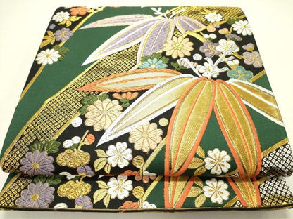 平和屋着物●六通柄袋帯　唐織　笹の葉花文　黒地　金銀糸　正絹　逸品　DABD0123op