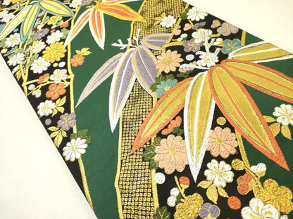 平和屋着物●六通柄袋帯　唐織　笹の葉花文　黒地　金銀糸　正絹　逸品　DABD0123op