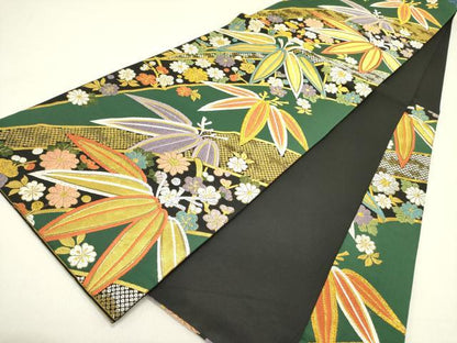 平和屋着物●六通柄袋帯　唐織　笹の葉花文　黒地　金銀糸　正絹　逸品　DABD0123op