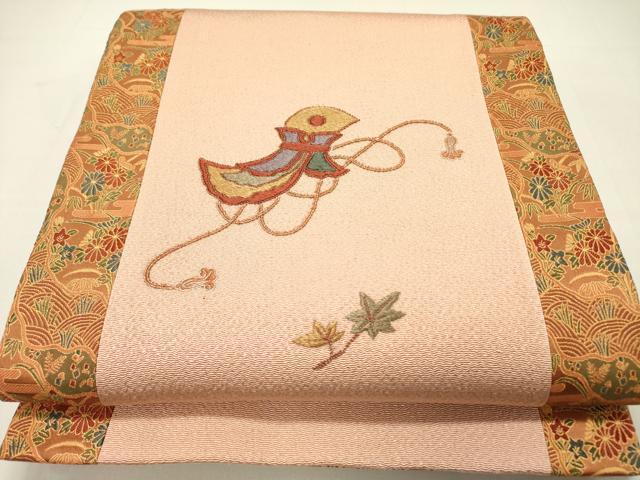 平和屋着物●両面　太鼓柄袋帯　駒刺繍　器物文様　金糸　鬼しぼ縮緬　正絹　逸品　未使用　DABD0135op
