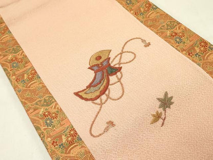 平和屋着物●両面　太鼓柄袋帯　駒刺繍　器物文様　金糸　鬼しぼ縮緬　正絹　逸品　未使用　DABD0135op