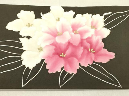 平和屋着物●塩瀬　九寸名古屋帯　草花　金彩　正絹　逸品　DABD0139op