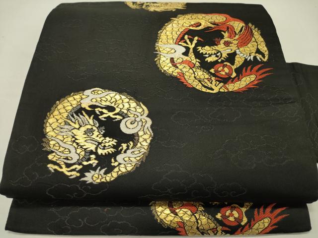 平和屋着物●アンティーク　大正ロマン　九寸名古屋帯　龍　黒地　金糸　正絹　逸品　DABD0140op