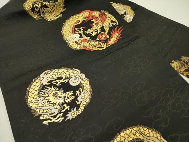 平和屋着物●アンティーク　大正ロマン　九寸名古屋帯　龍　黒地　金糸　正絹　逸品　DABD0140op