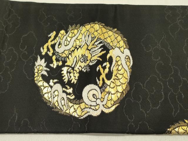 平和屋着物●アンティーク　大正ロマン　九寸名古屋帯　龍　黒地　金糸　正絹　逸品　DABD0140op