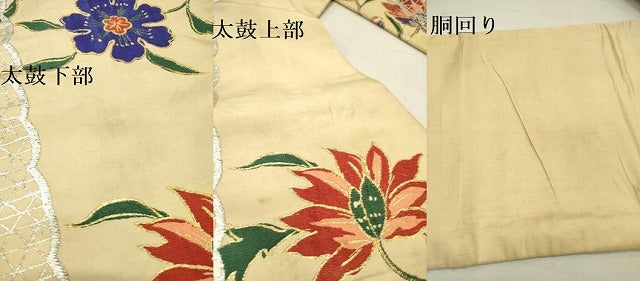 平和屋着物●アンティーク　大正ロマン　九寸名古屋帯　唐織　更紗花文　金銀糸　正絹　逸品　DABD0141op