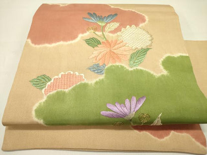 平和屋着物●九寸名古屋帯　絞り　駒刺繍　雲取草花文　金糸　正絹　逸品　DABD0147op