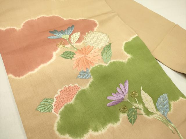 平和屋着物●九寸名古屋帯　絞り　駒刺繍　雲取草花文　金糸　正絹　逸品　DABD0147op