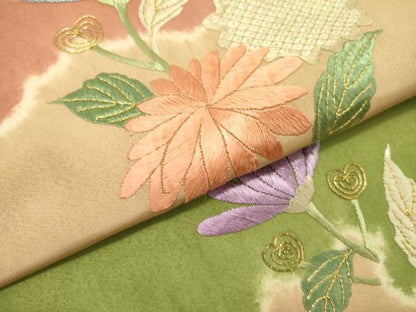 平和屋着物●九寸名古屋帯　絞り　駒刺繍　雲取草花文　金糸　正絹　逸品　DABD0147op
