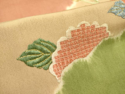 平和屋着物●九寸名古屋帯　絞り　駒刺繍　雲取草花文　金糸　正絹　逸品　DABD0147op
