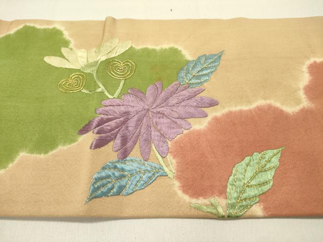 平和屋着物●九寸名古屋帯　絞り　駒刺繍　雲取草花文　金糸　正絹　逸品　DABD0147op