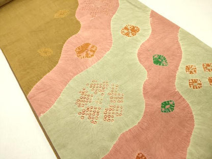 平和屋着物●両面　太鼓柄袋帯　紬地　絞り　舞花　正絹　逸品　DABD0151op