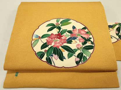 平和屋着物●九寸名古屋帯　友禅　作家物　草花　鬼しぼ縮緬　正絹　逸品　DABD0153op