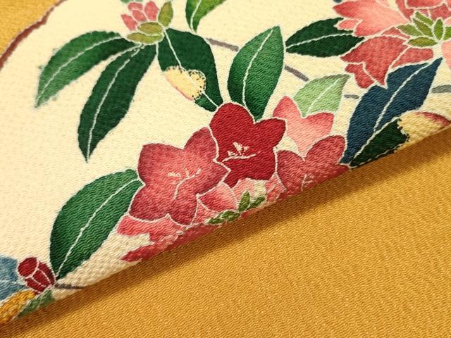 平和屋着物●九寸名古屋帯　友禅　作家物　草花　鬼しぼ縮緬　正絹　逸品　DABD0153op