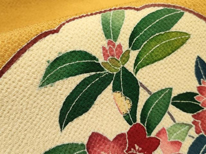 平和屋着物●九寸名古屋帯　友禅　作家物　草花　鬼しぼ縮緬　正絹　逸品　DABD0153op