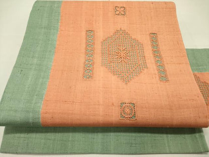 平和屋着物●九寸名古屋帯　生紬　ドロンワーク　亀甲花文　正絹　逸品　DABD0161op