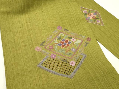 平和屋着物●中国三大刺繍　スワトウ刺繍　汕頭刺繍　相良刺繍　総刺繍　九寸名古屋帯　紬地　花菱文　正絹　逸品　DABD0163op