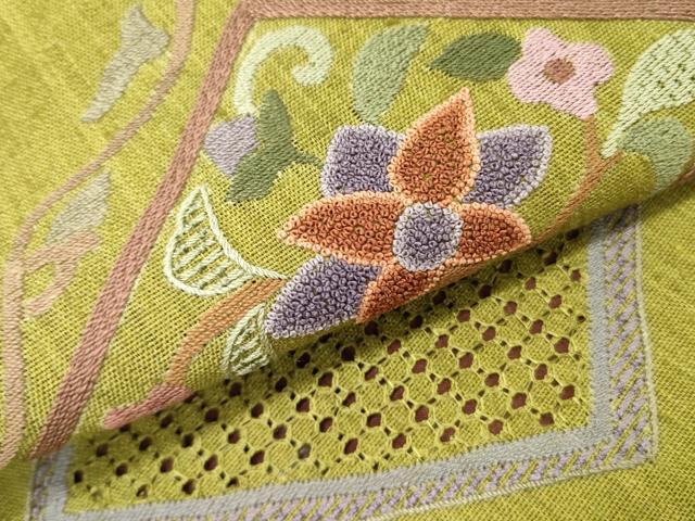 平和屋着物●中国三大刺繍　スワトウ刺繍　汕頭刺繍　相良刺繍　総刺繍　九寸名古屋帯　紬地　花菱文　正絹　逸品　DABD0163op