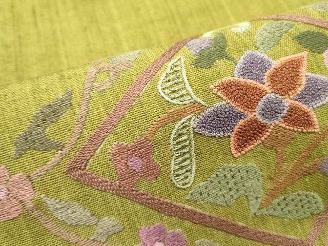 平和屋着物●中国三大刺繍　スワトウ刺繍　汕頭刺繍　相良刺繍　総刺繍　九寸名古屋帯　紬地　花菱文　正絹　逸品　DABD0163op