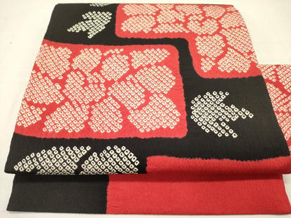 平和屋着物●九寸名古屋帯　絞り　草花　黒地　正絹　逸品　DABD0164op