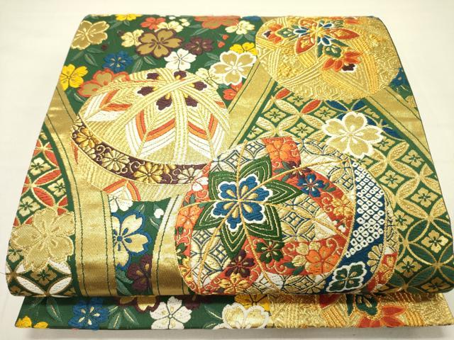 平和屋着物●六通柄袋帯　唐織　草木染　吉祥錦織　花鞠文　金糸　正絹　逸品　DABD0168op