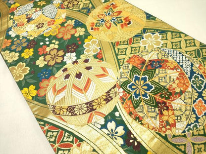 平和屋着物●六通柄袋帯　唐織　草木染　吉祥錦織　花鞠文　金糸　正絹　逸品　DABD0168op