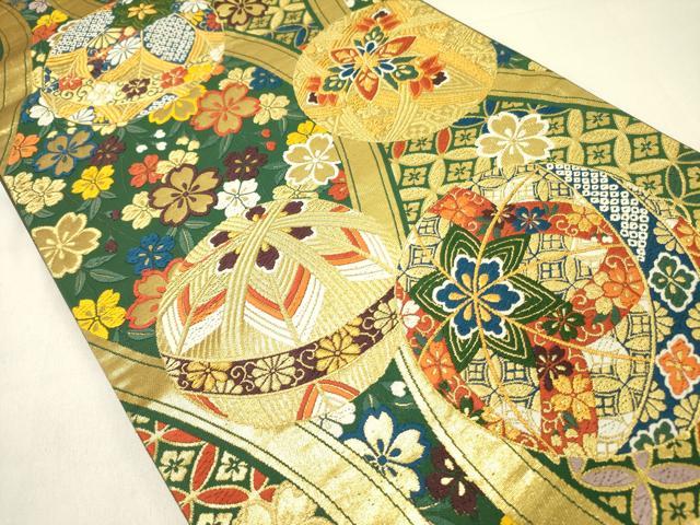 平和屋着物●六通柄袋帯　唐織　草木染　吉祥錦織　花鞠文　金糸　正絹　逸品　DABD0168op
