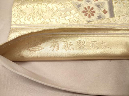 平和屋着物●西陣河村織物謹製・手織り　六通柄袋帯　唐織　有職裂取文　金糸　正絹　逸品　DABD0169op