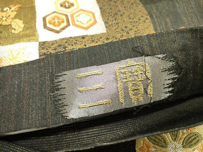 平和屋着物●六通柄袋帯　市松花文　三寶　金銀糸　正絹　逸品　DABD0181op