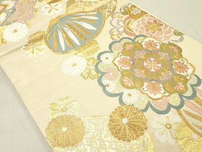 平和屋着物●六通柄袋帯　唐織　正倉院貝合わせ花文　金糸　正絹　逸品　DABD0185op