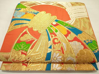 平和屋着物●西陣　川島織物　六通柄　本袋帯　束ね熨斗吉祥花文　金銀糸　正絹　逸品　DABD0186op