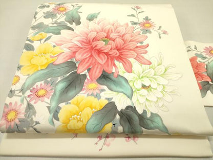 平和屋着物●塩瀬　九寸名古屋帯　手描き　草花　正絹　逸品　DABD0194op
