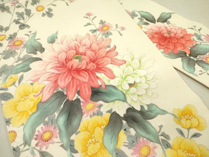 平和屋着物●塩瀬　九寸名古屋帯　手描き　草花　正絹　逸品　DABD0194op