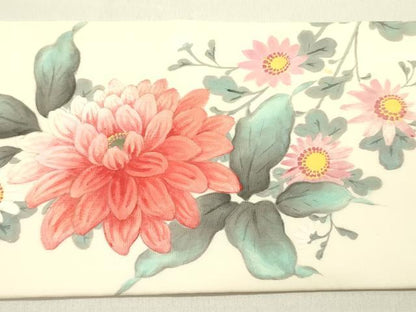 平和屋着物●塩瀬　九寸名古屋帯　手描き　草花　正絹　逸品　DABD0194op