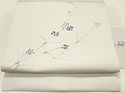 平和屋着物●塩瀬　九寸名古屋帯　手描き　南天文　正絹　逸品　DABD0195op