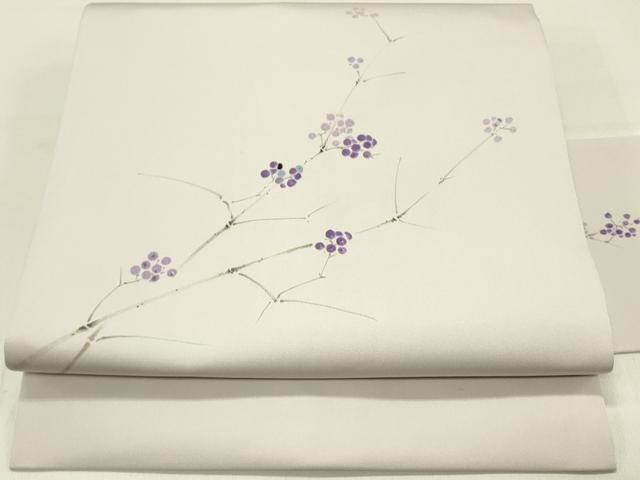 平和屋着物●塩瀬　九寸名古屋帯　手描き　南天文　正絹　逸品　DABD0195op