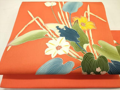 平和屋着物●塩瀬　九寸名古屋帯　友禅　作家物　草花文　正絹　逸品　DABD0197op