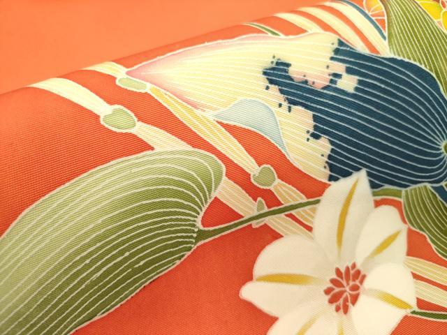 平和屋着物●塩瀬　九寸名古屋帯　友禅　作家物　草花文　正絹　逸品　DABD0197op
