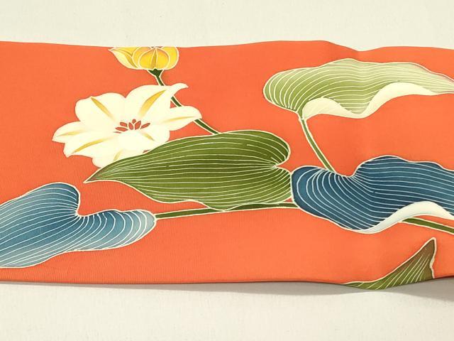 平和屋着物●塩瀬　九寸名古屋帯　友禅　作家物　草花文　正絹　逸品　DABD0197op
