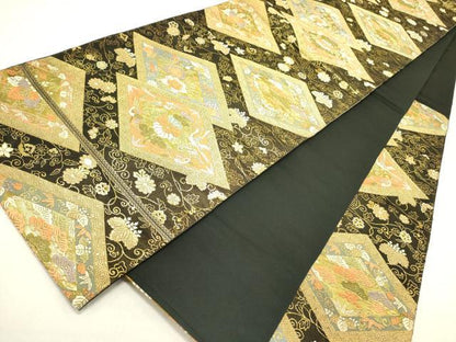 平和屋着物●西陣　服部織物謹製　六通柄袋帯　唐織　花菱文　黒地　金糸　正絹　逸品　DABD0200op