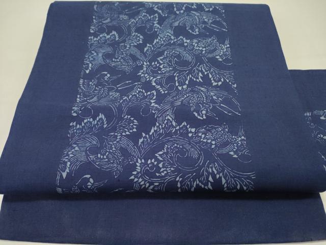 平和屋着物●九寸名古屋帯　作家物　紬地　藍　型染　花鳥文　正絹　逸品　DABD0221op