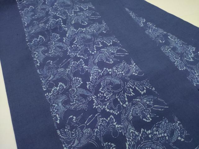 平和屋着物●九寸名古屋帯　作家物　紬地　藍　型染　花鳥文　正絹　逸品　DABD0221op