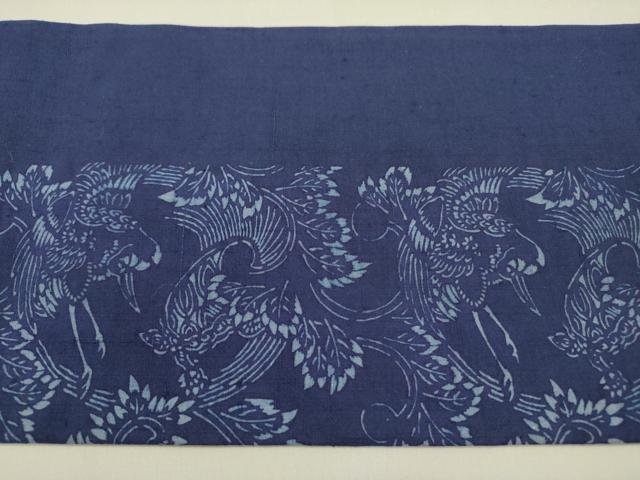 平和屋着物●九寸名古屋帯　作家物　紬地　藍　型染　花鳥文　正絹　逸品　DABD0221op