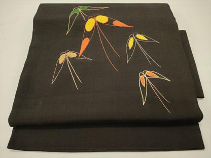平和屋着物●中国三大刺繍　相良刺繍　総刺繍　つけ帯　紬地　舞蝶文　黒地　正絹　逸品　DABD0227op