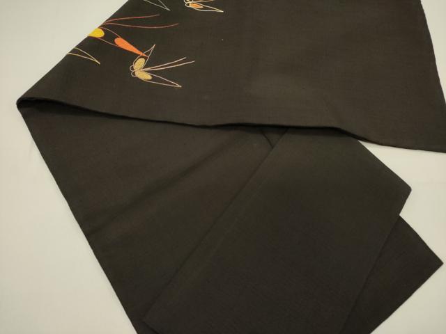 平和屋着物●中国三大刺繍　相良刺繍　総刺繍　つけ帯　紬地　舞蝶文　黒地　正絹　逸品　DABD0227op
